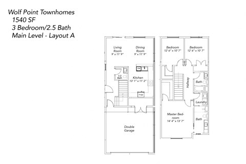 Floor plan for 3 beds, 2.5 baths, 1540 sqft